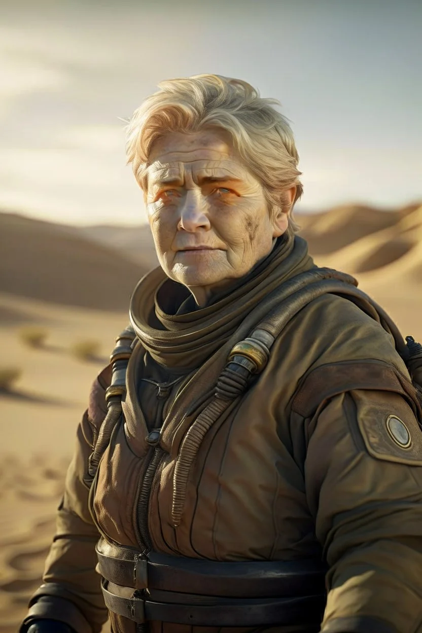 norwegian erna solberg in a desert scene from dune, shot on Hasselblad h6d-400c, zeiss prime lens, bokeh like f/0.8, tilt-shift lens 8k, high detail, smooth render, down-light, unreal engine, prize winning