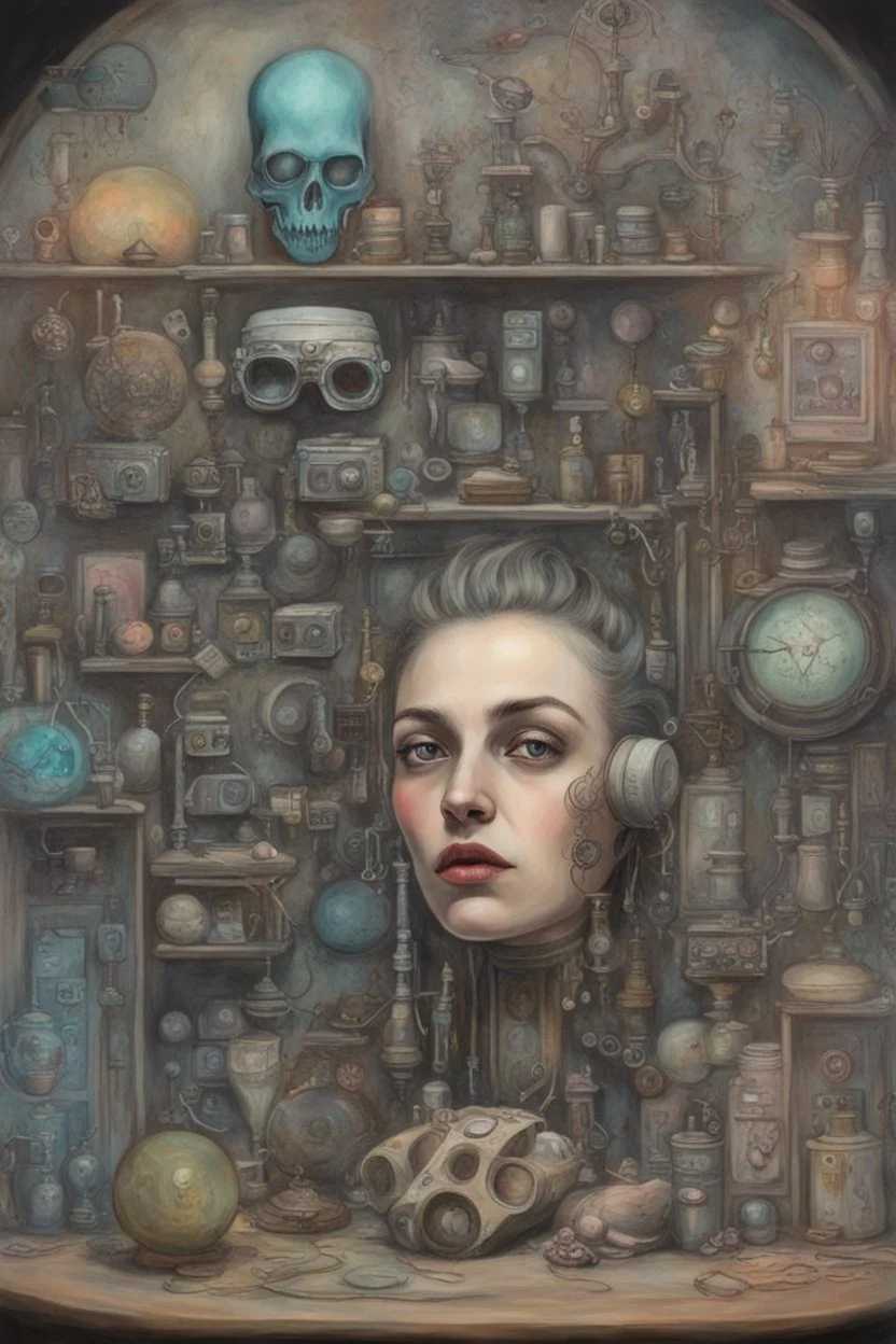 Cyberpunk wunderkammer painted by Frida , unsane details, soft colors