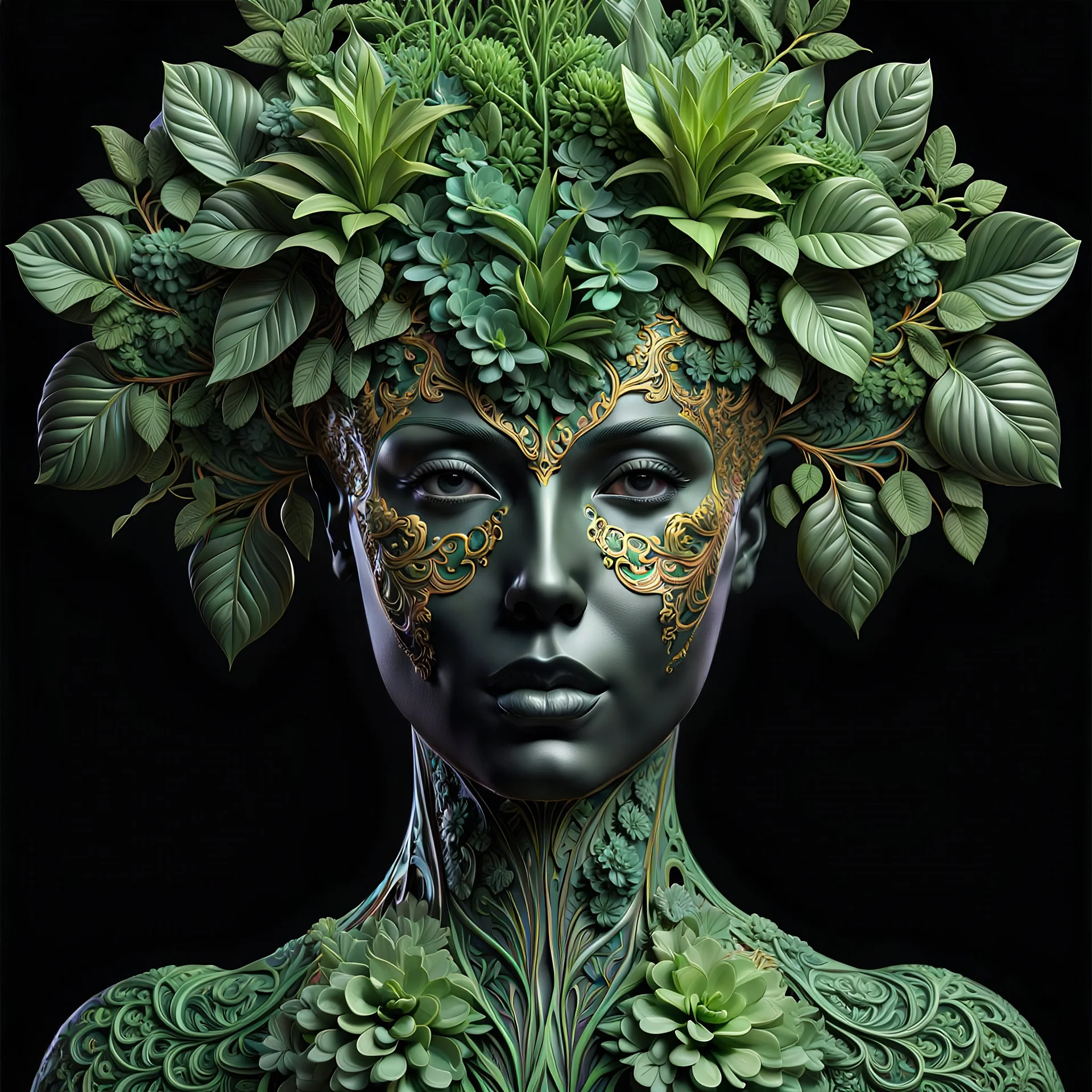 3D rendering of Expressively detailed and intricate of a hyperrealistic “ human head detailed with organic form”: front view, symetric, green glossy plant vines, anatomy, symmetric, scientific, baroque ornament, single object, vivid colour, black background, cosmic fractals, octane render, 8k post-production, dendritic, artstation: award-winning: professional portrait: atmospheric: commanding: fantastical: clarity: 16k: ultra quality: striking: brilliance: stunning colors: amazing depth