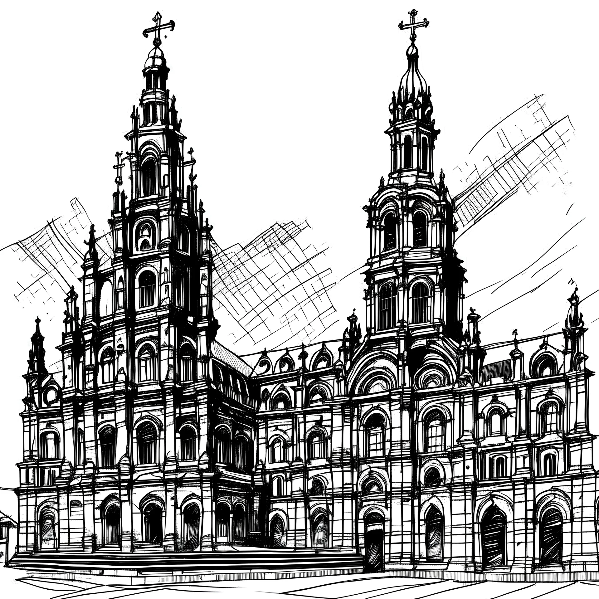 Black and white sketched santiago de compostela cathedral
