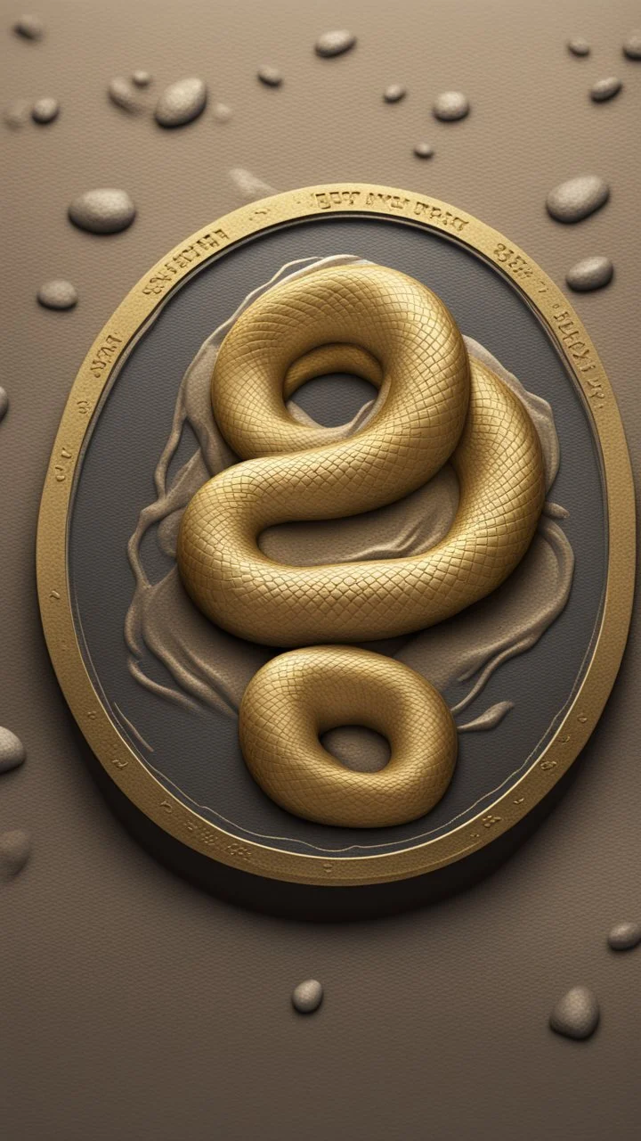 a smooth 3d game graphics circular shaped golden coin with a full body relief print of snake butt in misty mud