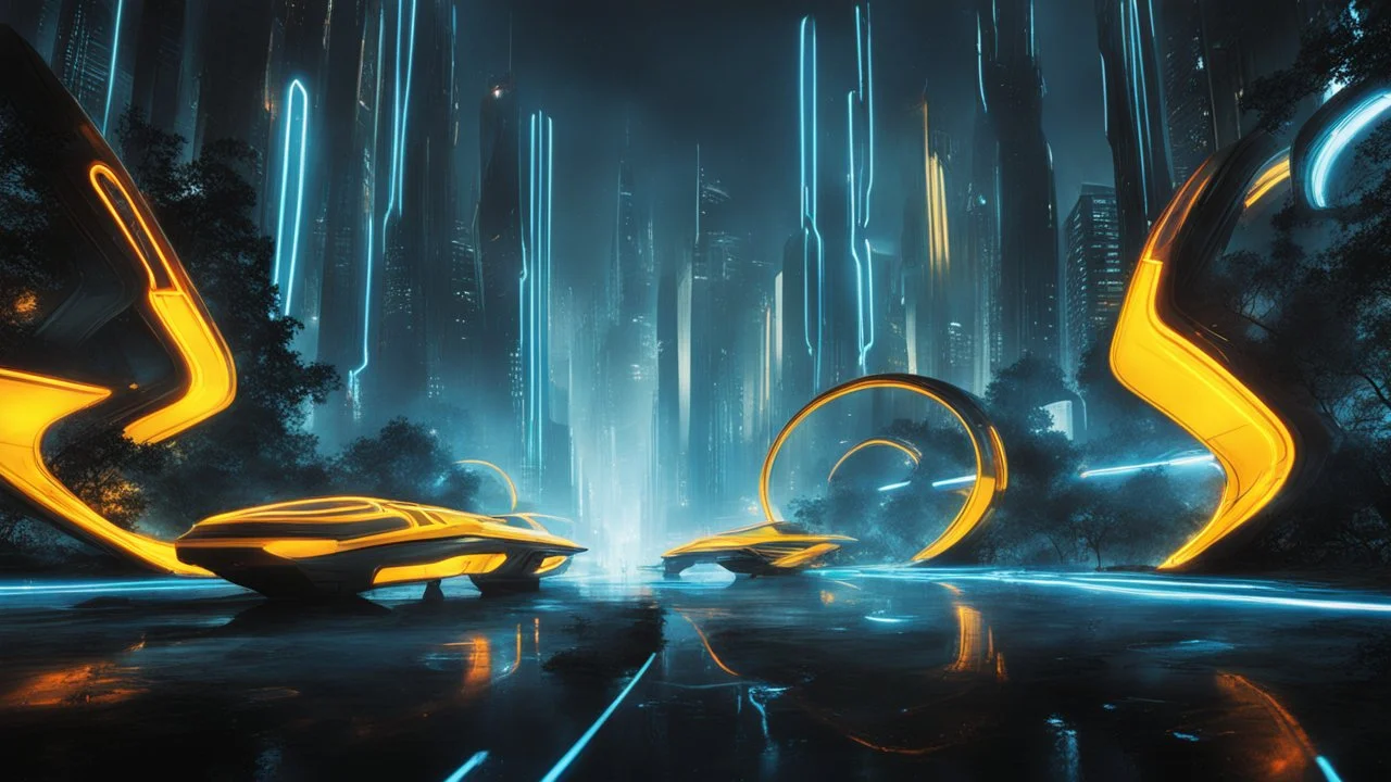 tron legacy movie, creatures,, space ships, city of the future, trees , forest, yellow, blue, red