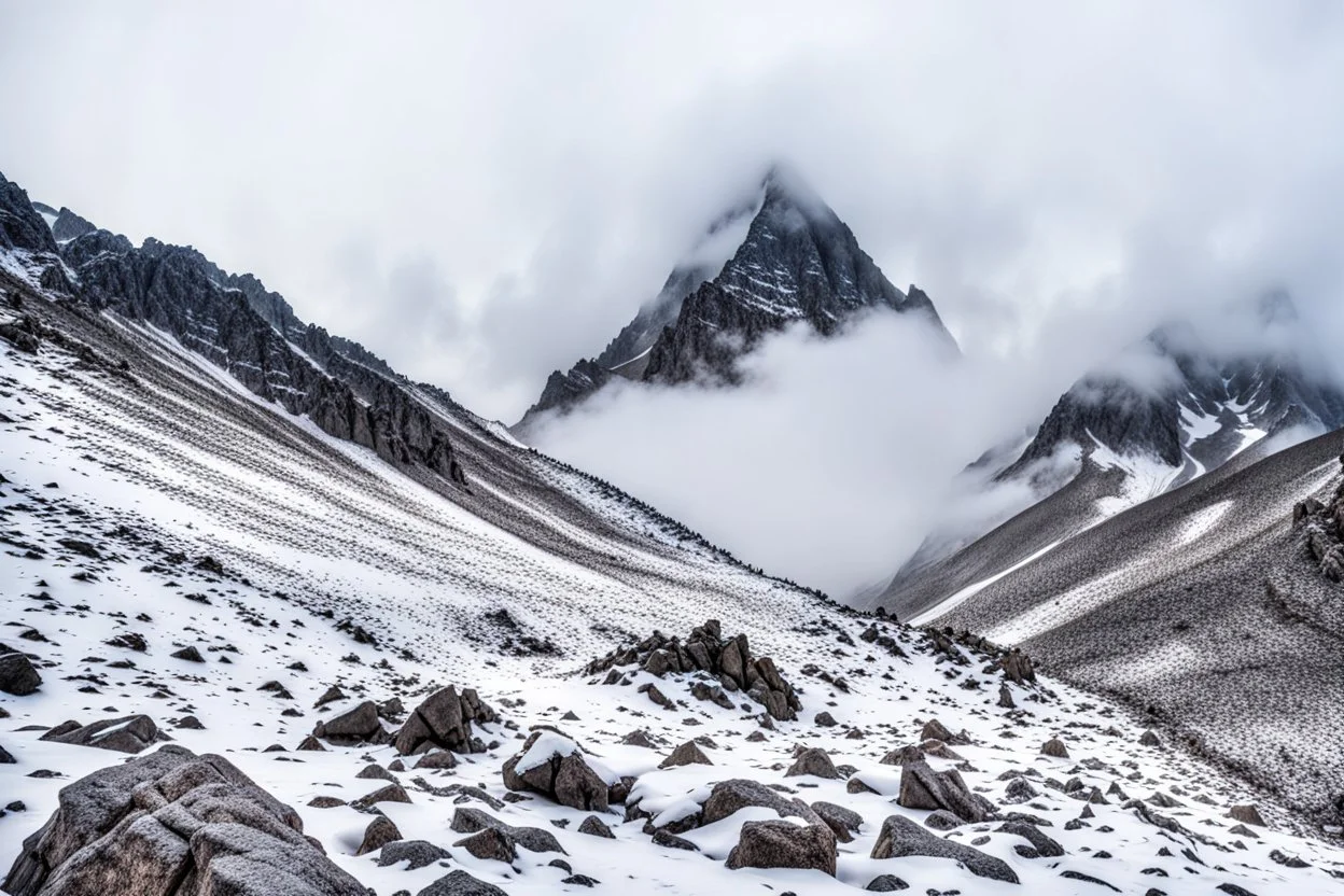 looking up at a mountain peak shrouded in mist