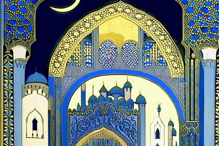 an open gothic_Arab gate in a blue-and-gold-tiled wall with a view of an old city by artist "Beardsley",by artist "Rackham",by artist "Bertha Lum",by artist "Dulac",by artist "Erte"