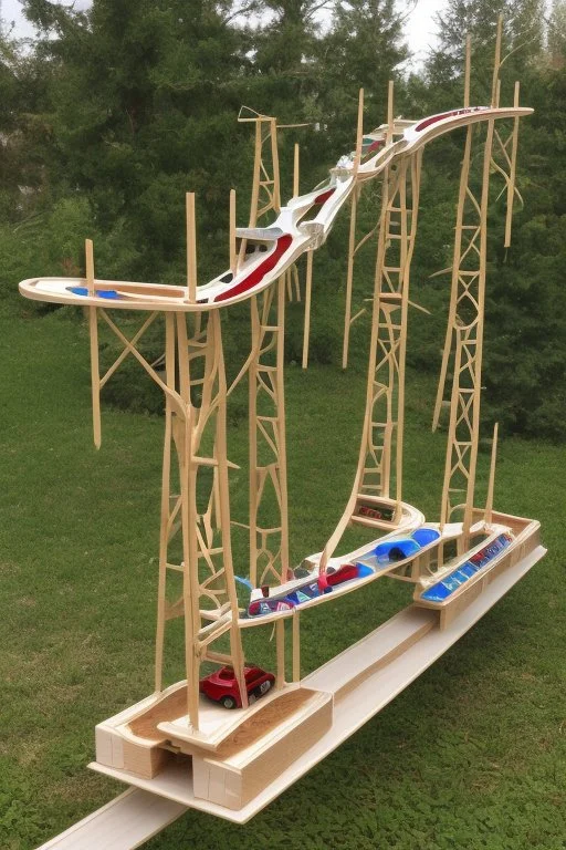 A toy one-passenger suspended monorail track built in my back yard, made from plywood and 2x4 lumber.