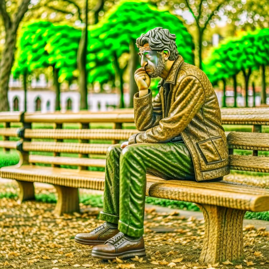 A figure of a man thinking about complex issues sitting on a park bench.