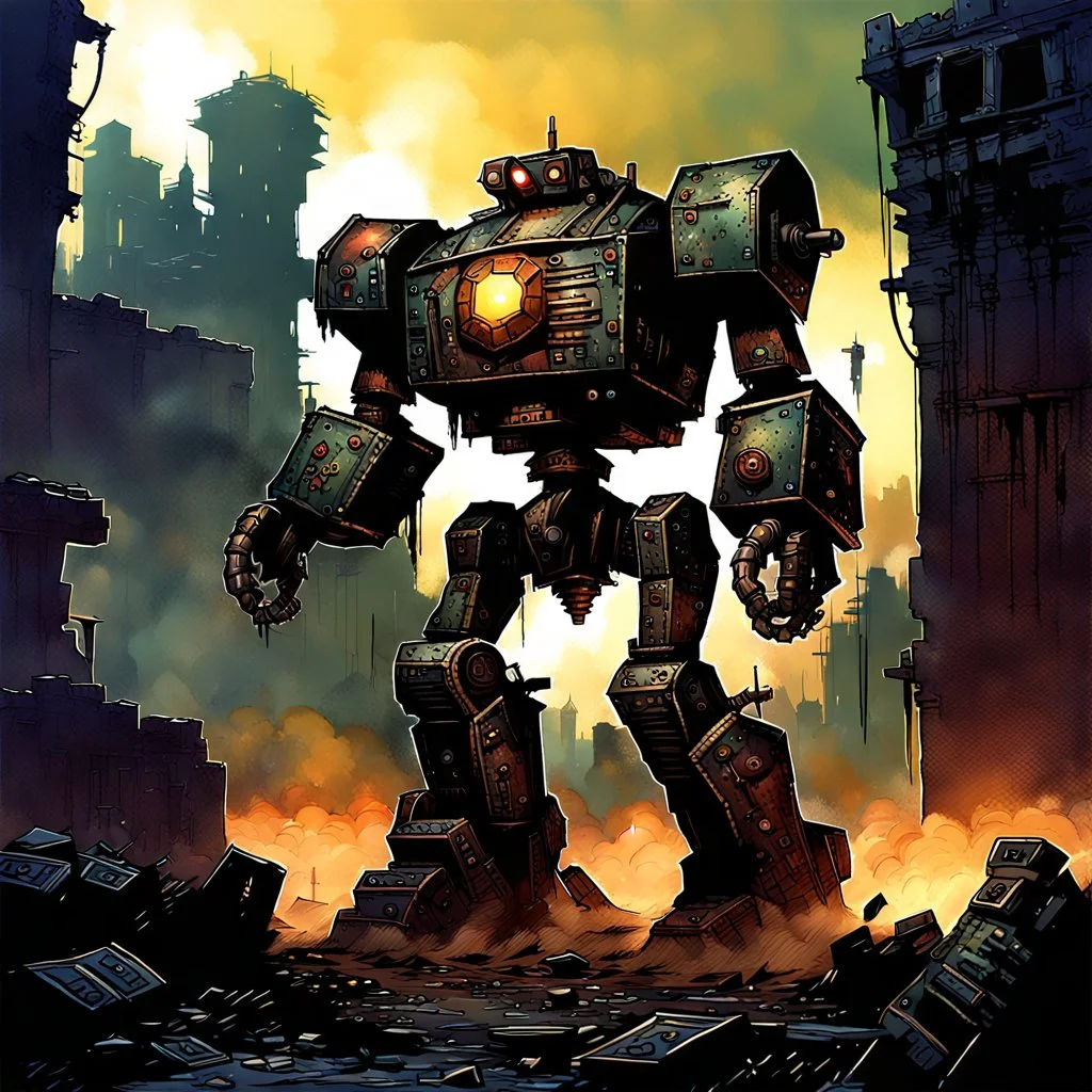 90's fantasy tcg art of a giant junk robot made of multiple parts in the ruins of a post apocalyptic city