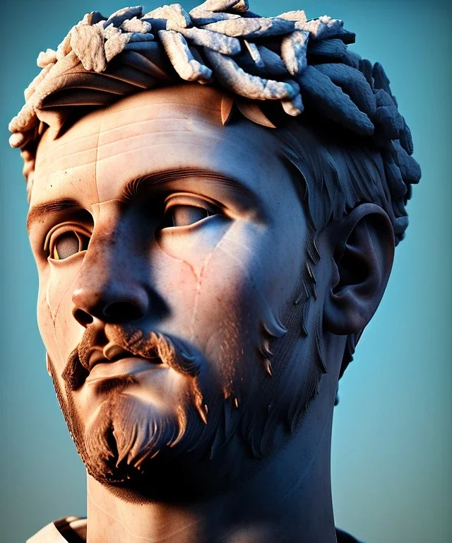 Gran angular, Realistic image, roman sculpture, marble material, Lionel Messi, Laurel wreath model, miguel angel style, emperador, God light, god rays, 4k resolution, ornate details, soft lighting, unreal engine 5, soft cyan background.