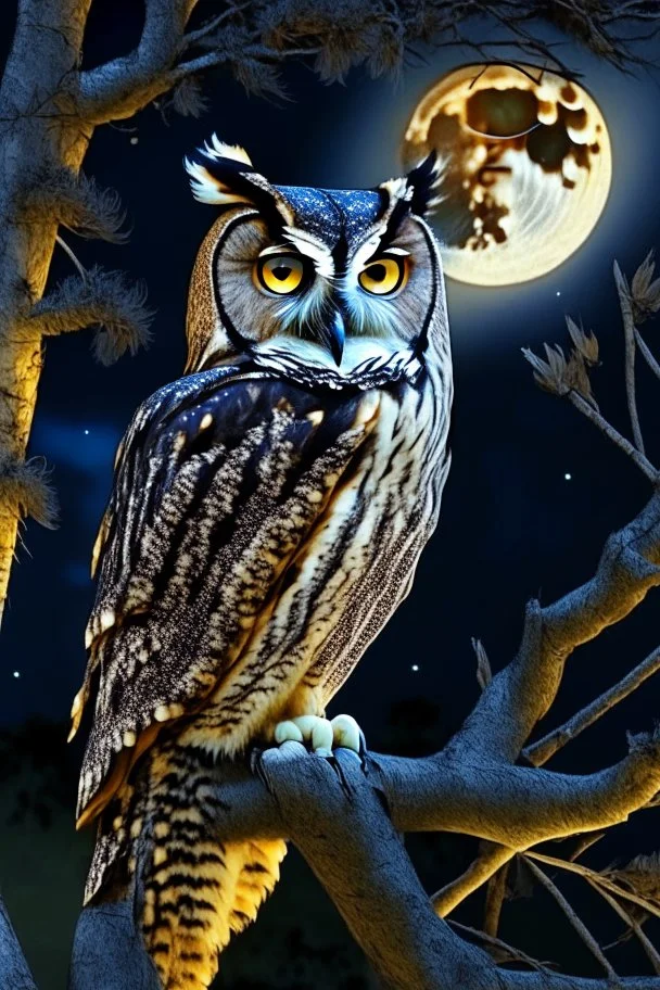 a horned Owl sitting on branch in oak tree with full moon behind it