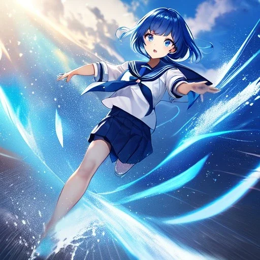 Clear focus,High resolution, Vibrant short blue hair, Vibrant blue eyes, Wearing a sailor uniform, Running