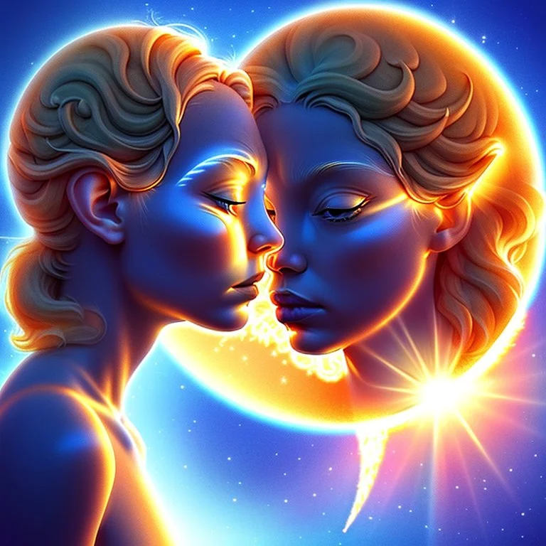 a close up of a sun and moon face, two suns, the sun. beautiful, solar beings, as the goddess of the sun, profile pic, goddess of the sun, unique and intricate painting, sun god, melting sun, the queen of the sun, sunny day time, 3 d goddess portrait, orange fire/blue ice duality!, by Sun Lo