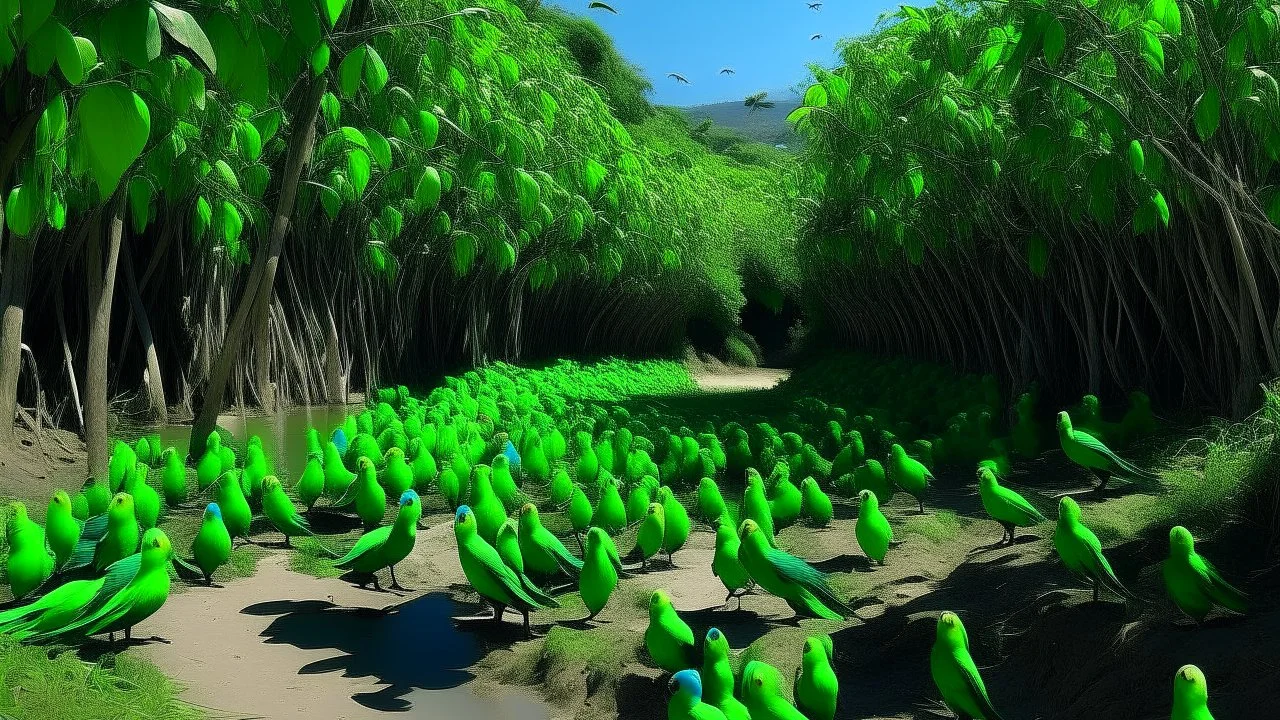 Later that day we walked to church under mangroves swarmed with the bright green fluster of wild parakeets.