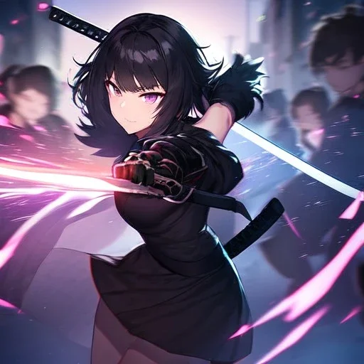 Clear focus,High resolution, Black short fluffy hair, and purple eyes, wearing a black outfit, must wear a short skirt, holding a glowing katana, fighting stance