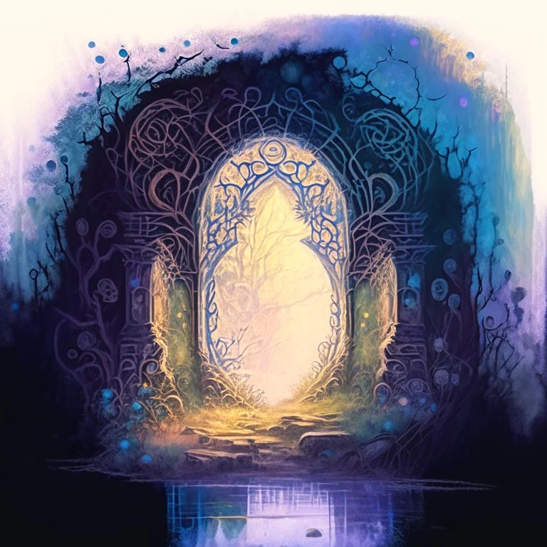 A watercolour painting, An ancient, ornate portal stands in the midst of a forgotten landscape. The glow from the portal illuminates the surrounding area, giving glimpses of fantastical worlds and creatures lurking just beyond the threshold.