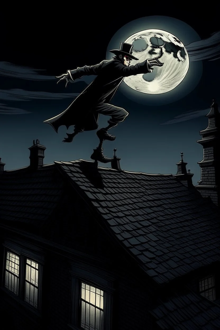 personaggio arrampicato sui tetti vittoriani, notte, chiaro di luna,