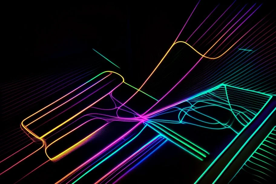 black background, outlines of a holographic graph, drawn from thin neon-coloured glowing lines