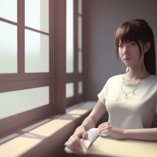 female student studying by the window, anime style, full body, cool face, unreal engine 5, cinema4d, sun light, studio lighting --ar 1:1 --v 4