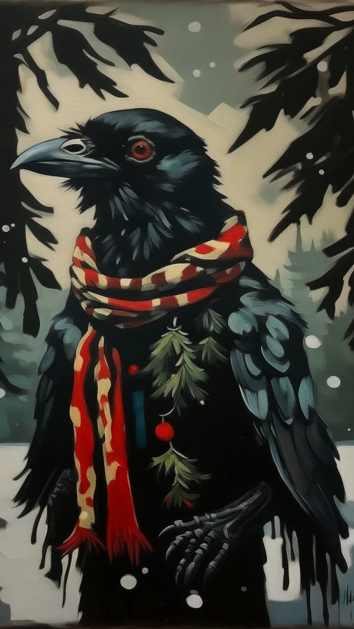 An oil painting by Miyazaki and Matisse of a human-like crow adorned in a punk leather jacket within a snowy Christmas atmosphere.