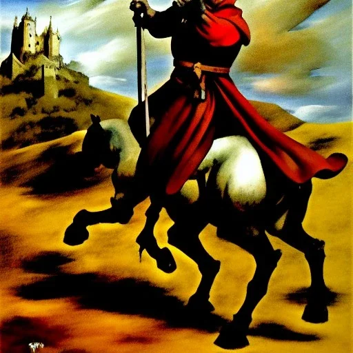 retrato de un caballero medieval montando a caballo con armadura frank frazetta style