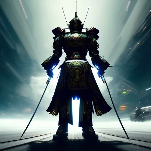 A portrait of a crystalised robot samurai with yakuza tatu, atmospheric, realistic, unreal engine cosmic galactic, cinematic lighting, octane render, cosmic ambiance, masterpiece, art by Yoji Shinkawa, composing fit inside, masterpiece