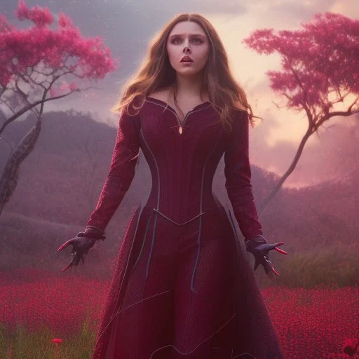 Feiticeira escarlate, Elizabeth Olsen, feiticeira, magia, rosto detalhado belo, bonita, cenário em um campo de flores, cinematográfico, dramático, por do sol, campo de flores, cores frias