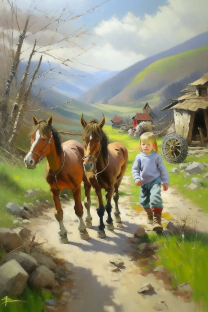 Spring in skåbu, sun, portrait of cute children walking in mountains, horse, broken old tractor, prize winning oil painting