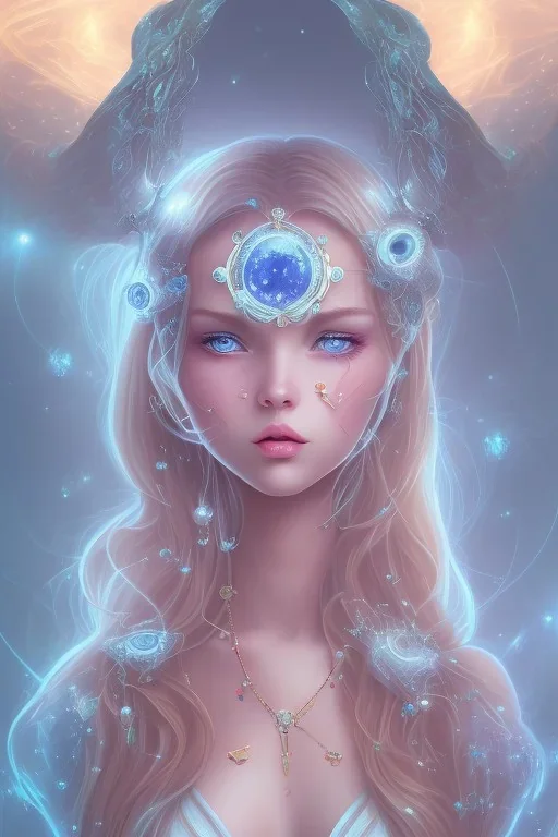 cosmic girl belle fine , yeux bleu, long cheveux etoilé cristaux sur le corps, collier dde grande princesse