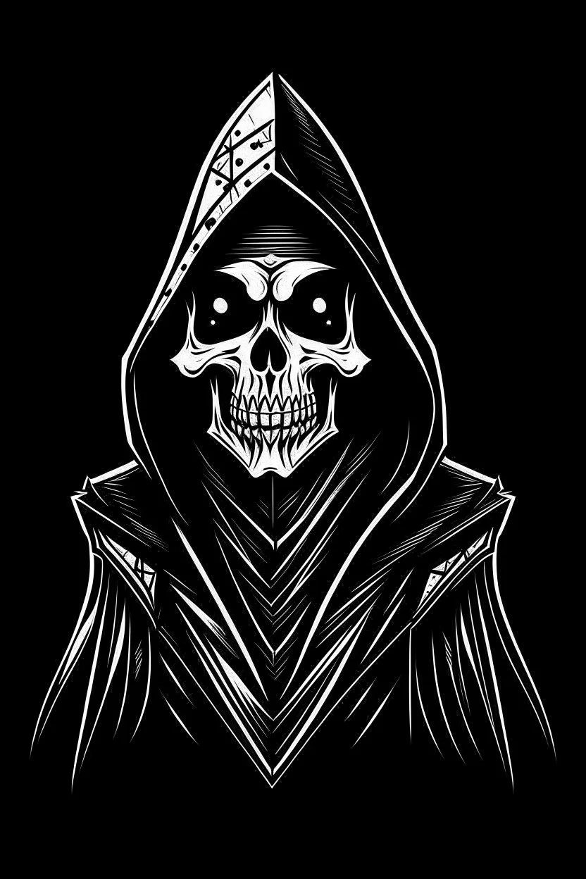 hanna-barbera skeleton in a black hooded cloak drawn in a retro mascot style, inside a light diamond shape on a black background, monochromatic