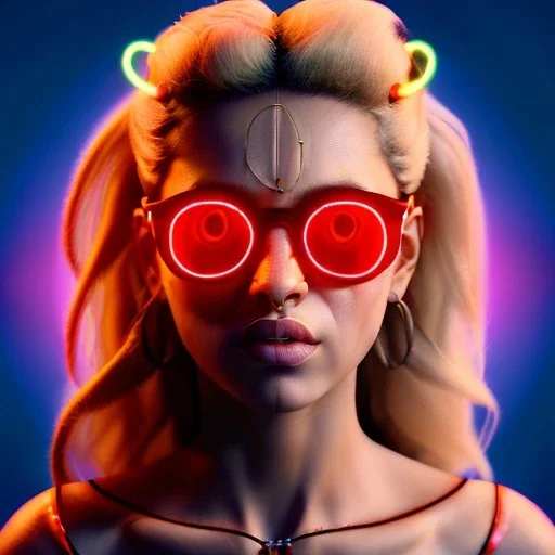 Shakira, artist, 30 years old, Realistic image, waist up portrait, etro style dress. Gucci sunglasses. Blonde, loose long hair, eyes make up, perfect, glow, circle iris. Neon colors, leds, geometric shapes. Dark background, Cyberpunk. concept art, smooth, unreal engine 5, god lights, ray tracing, RTX, lumen lighting, ultra detail, volumetric lighting, 3d, finely drawn, high definition, 4k.