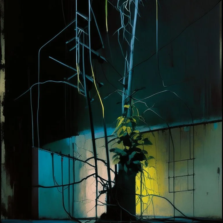 Minimal abstract oil painting of a plant in concrete warehouse brutalist architecture and hanging wires illuminated at night. With triadic colours. In the style of Justin Mortimer and Phil Hale, Ashley Wood