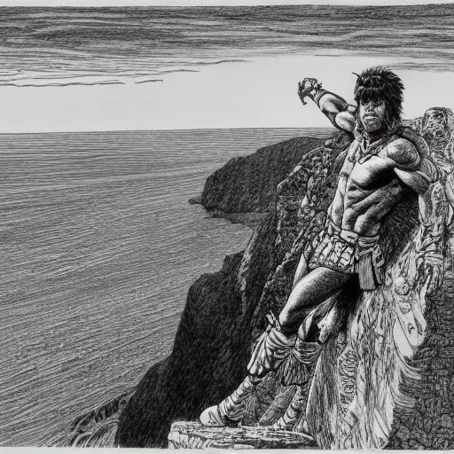 a wide shot ink drawing of an ancient warrior on a cliff overlooking the sea by Barry Windsor-Smith