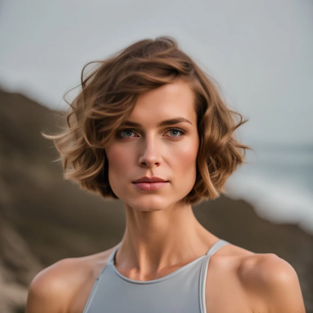 beautiful woman, standing frontal, short silver triathlon swimsuit, wavy bob haircut, photographed in front of beach, raw