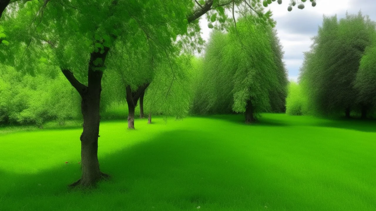 trees in the middle of the garden close to camera, apple tree on the left plum tree on the right cherry tree in the middle in the on the green grass