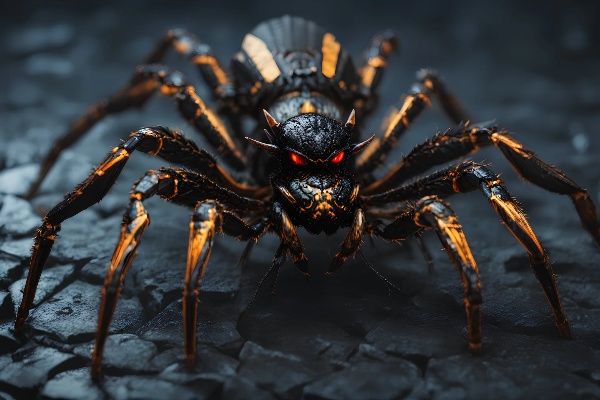 Demonic scorpion/spider hybrid in 8k solo leveling shadow artstyle, machine them, close picture, rain, intricate details, highly detailed, high details, detailed portrait, masterpiece,ultra detailed, ultra quality