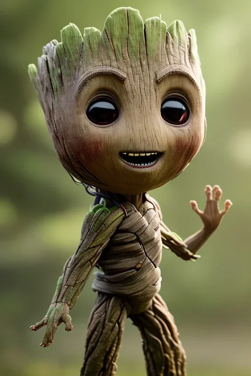 Groot toddler, serious, full body, bokeh, hyper realistic