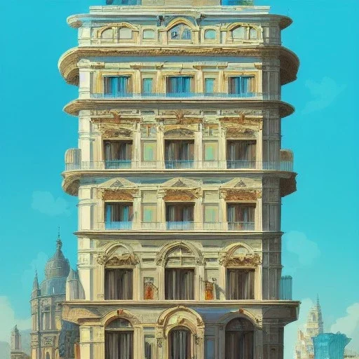 A Vignola classicism Architecture mixed with modern glass building +detailed facades+highly detailed++ Book illustration by Gediminas Pranckevičius, Jean Baptiste Monge, Brian Kesinger, Anton fadeev, strong lines, high contrast vibrant colors, 16k resolution, trending on behance""