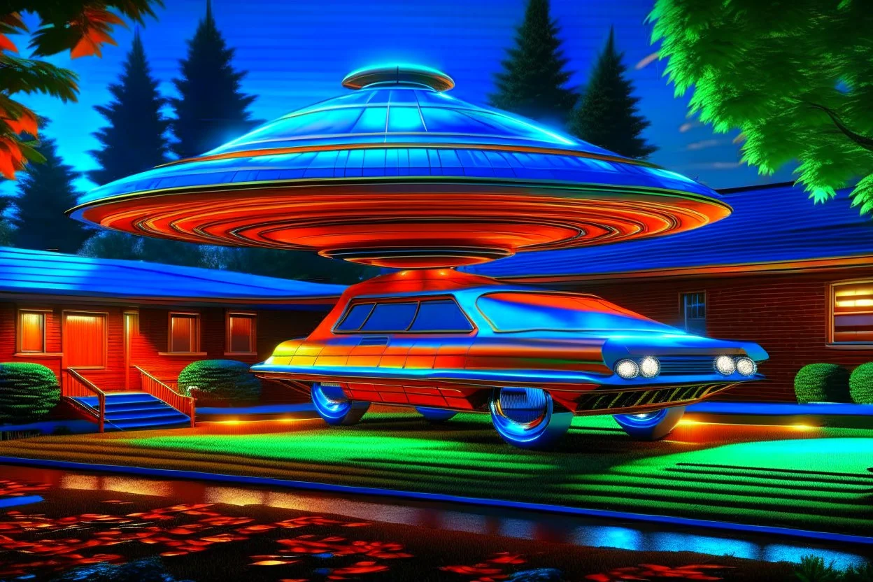 award winning car and driver digital 64k photorealistic image of a futuristic used UFO station wagon designed by an unknown alien civilization for sale in the front yard of a kentucky home, only one vehicle per image painted metallic orange traveling at a high rate of speed,the rear with bright blue flame, bilaterally symetrical