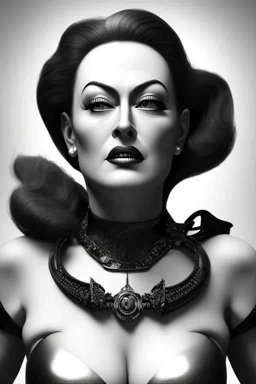 Joan Crawford as evil queen in black leather, busty, cleavage, dominatrix, curvy, angry, stern look. unreal 5, octane render, cinema4d, dynamic lighting, dramatic lighting, 4k, redshift render, highly detailed, hyper realistic,anthropomorphic