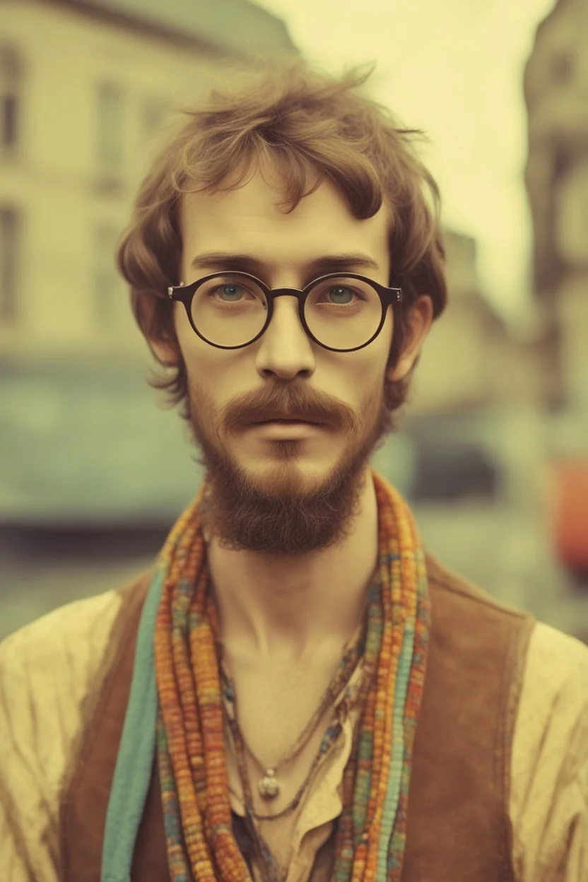 Hippie bohemian young man with Parisian bohemian look and glasses of colours and poor and short short short and poor hair on the head with receding hairline. Farsightedness glasses with big eyes. Long beard. Vintage look and feel like photo styleof the 70s