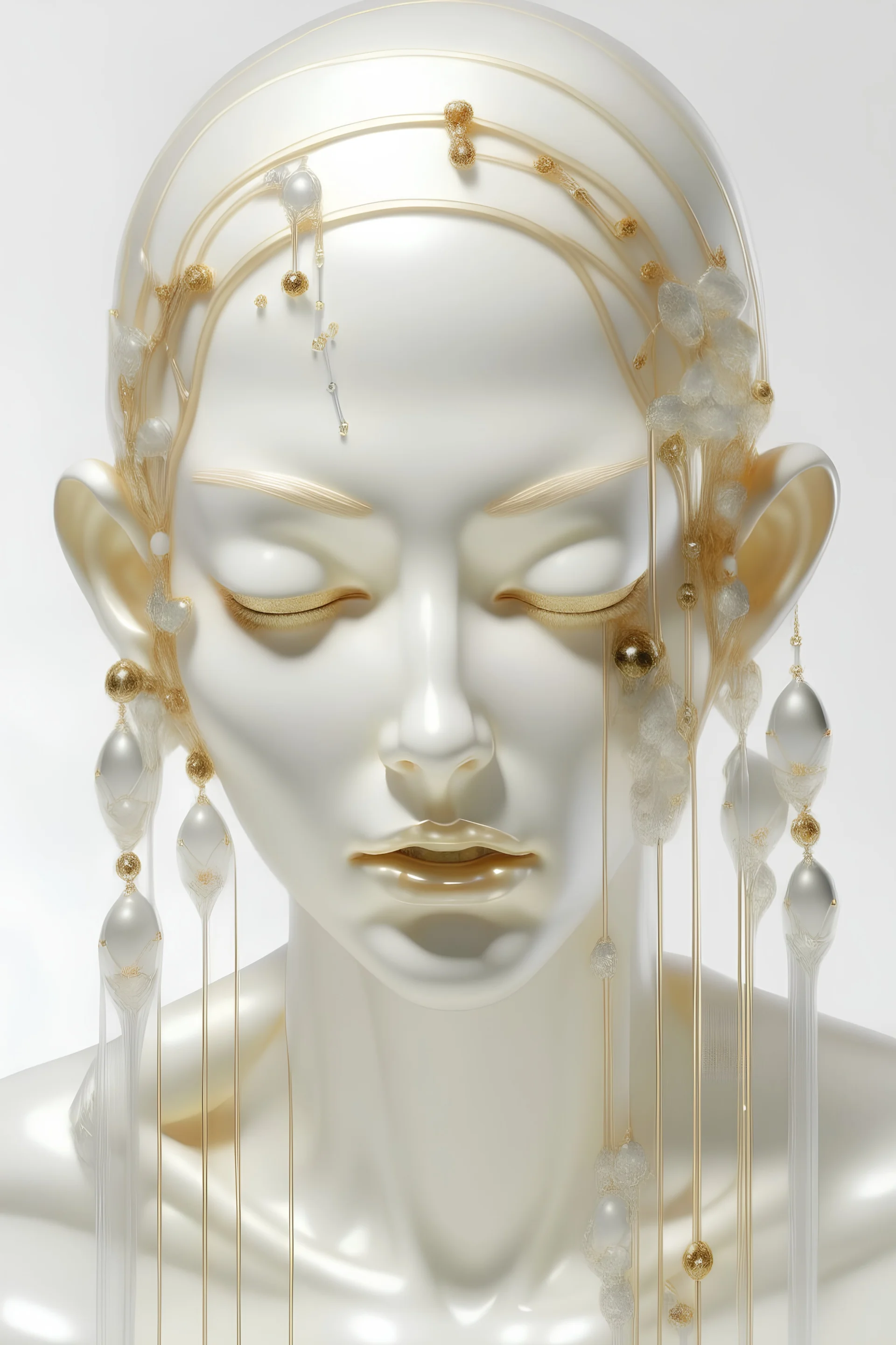 the piece shows the sad facial expressions of a female humanoid, 3 fluid transparent tubes in the background, in the style of glass-like sculpture, jocelyn hobbie, glitter and crystals on the top of the head, delicate constructions, light white, creamy white background, exquisite detail