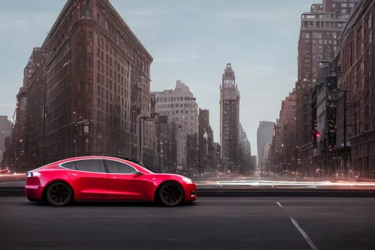 A Tesla 'Model Y' is drifting at high speeds, near the Flatiron Building in Manhattan. (CINEMATIC, WIDE ANGLE LENS, PHOTO REAL)