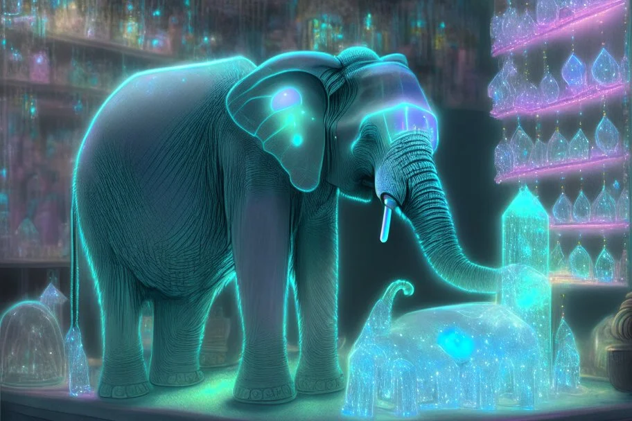 Elephant in a crystal shop with radioluminescent neon crystals