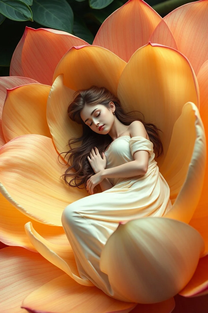full body of beautiful lady sleeping in a huge flower petals from the edges of the image, gradually changing its shape or appearance, so that by the end it is transformed into a completely different model (character or object). The transformation should be smooth, preserving the context and logic of the animation