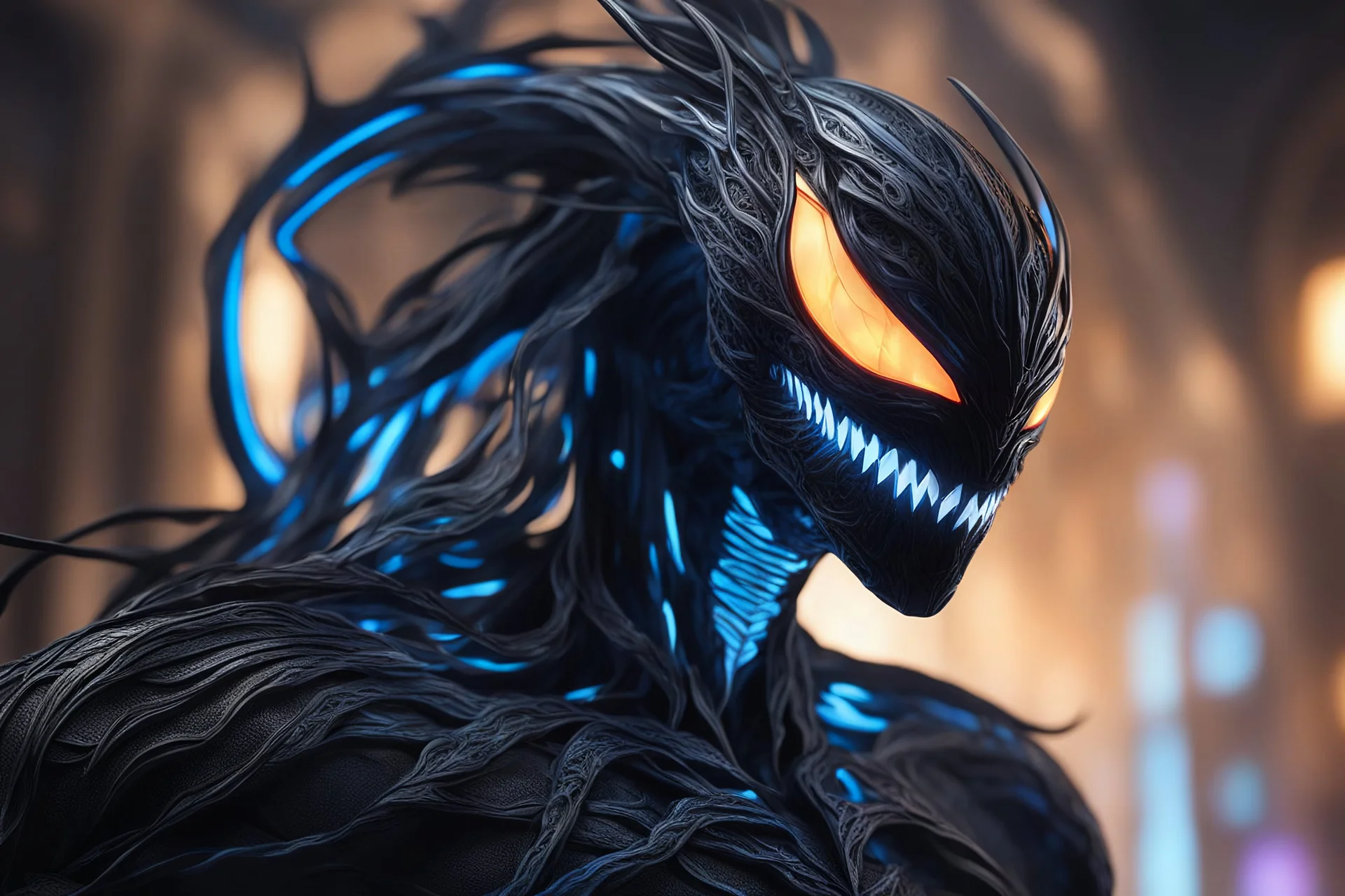 Huge symbiote in 8k solo leveling shadow drawing, exodia model, neon blue lights, Chaos sea, intricate details, highly detailed, high details, detailed portrait, masterpiece,ultra detailed, ultra quality