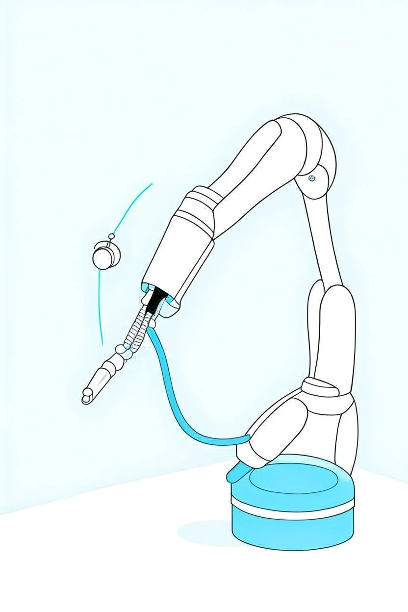 Draw a colorful cover image. The background is light blue. A slender flexible robotic arm with flexible joint is being drawn on a white frame.