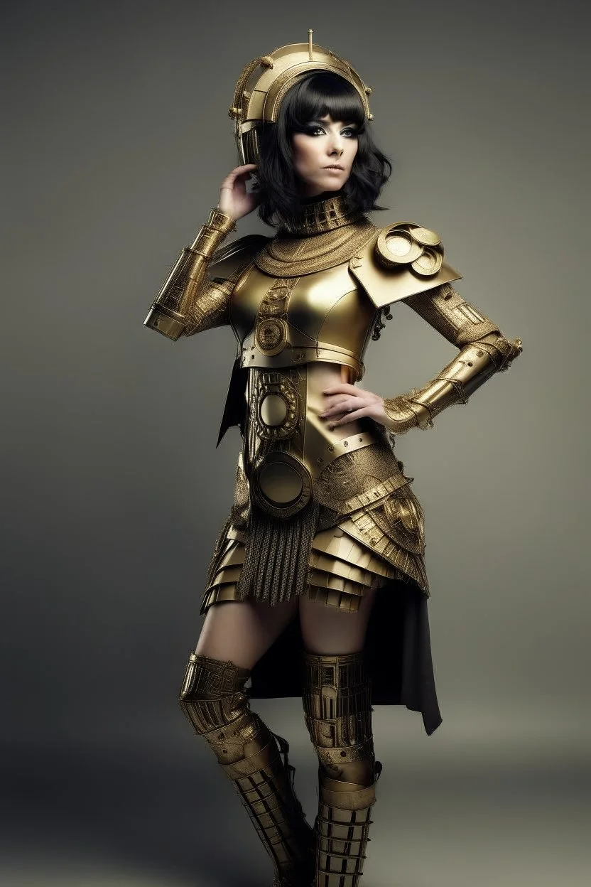 full body picture of a woman with a bob, a fringe hairstyle, Cleopatra clothing futuristic steampunk