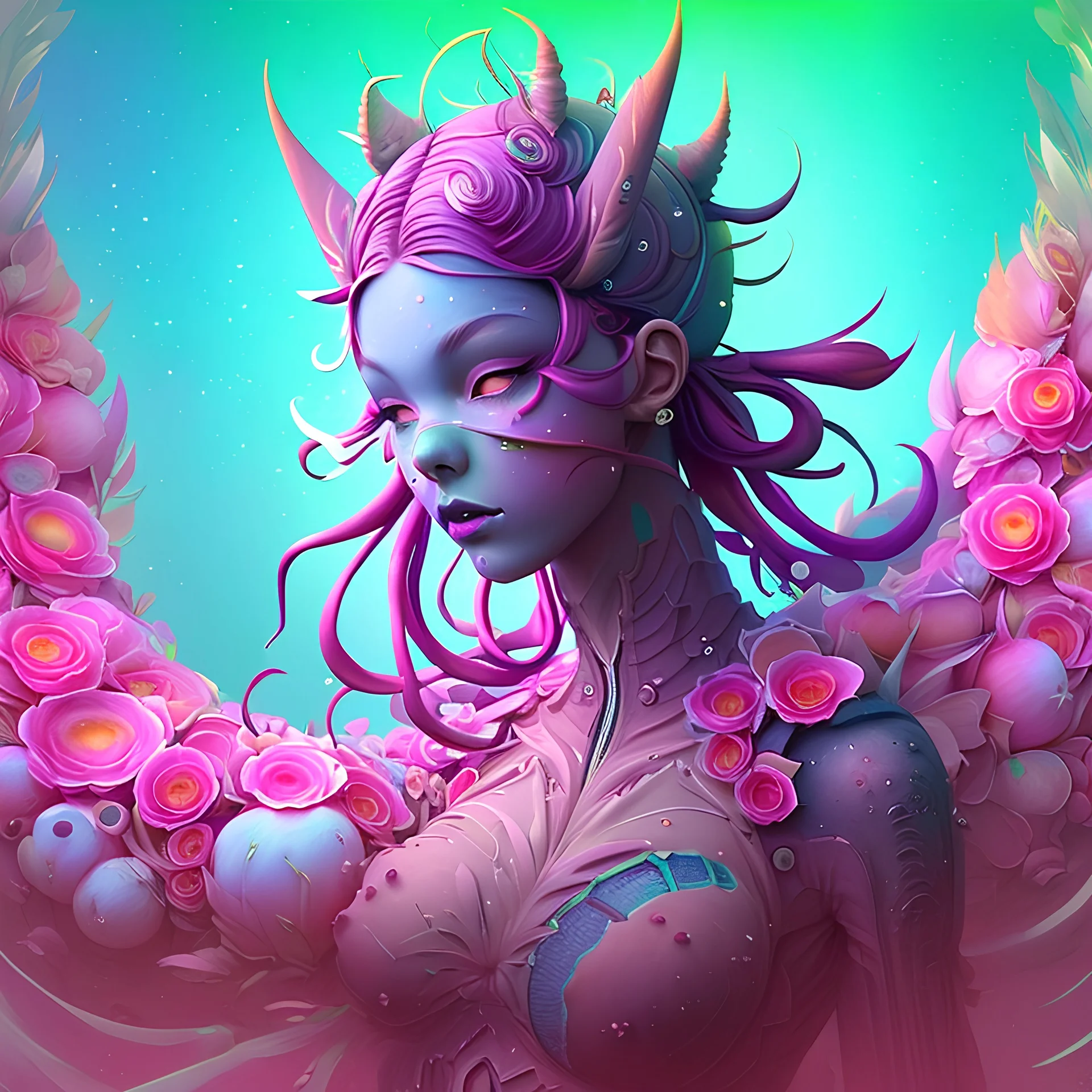 Ultraquality digital_illustration of a fruity goddess flowerpunk!!!, deep watercolor!, stippling!, speed_paint!, thick_brush_strokes!, anime, cosmic, astral, inspired by ismail inceoglu, Dan_witz, moebius , android_jones, artgerm , studio mappa, photorealistic, Hyperrealistic, cgsociety zbrush_central fantasy album cover art 4k hdr 64 megapixels 8k back lit complex elaborate fantastical hyperdetailed