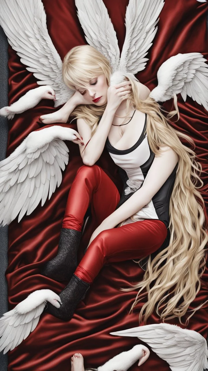 A blonde girl in her twenties, with white wings, and a red bandage over her eyes. She sleeps on a luxurious black carpet. Cinematic photo from above.