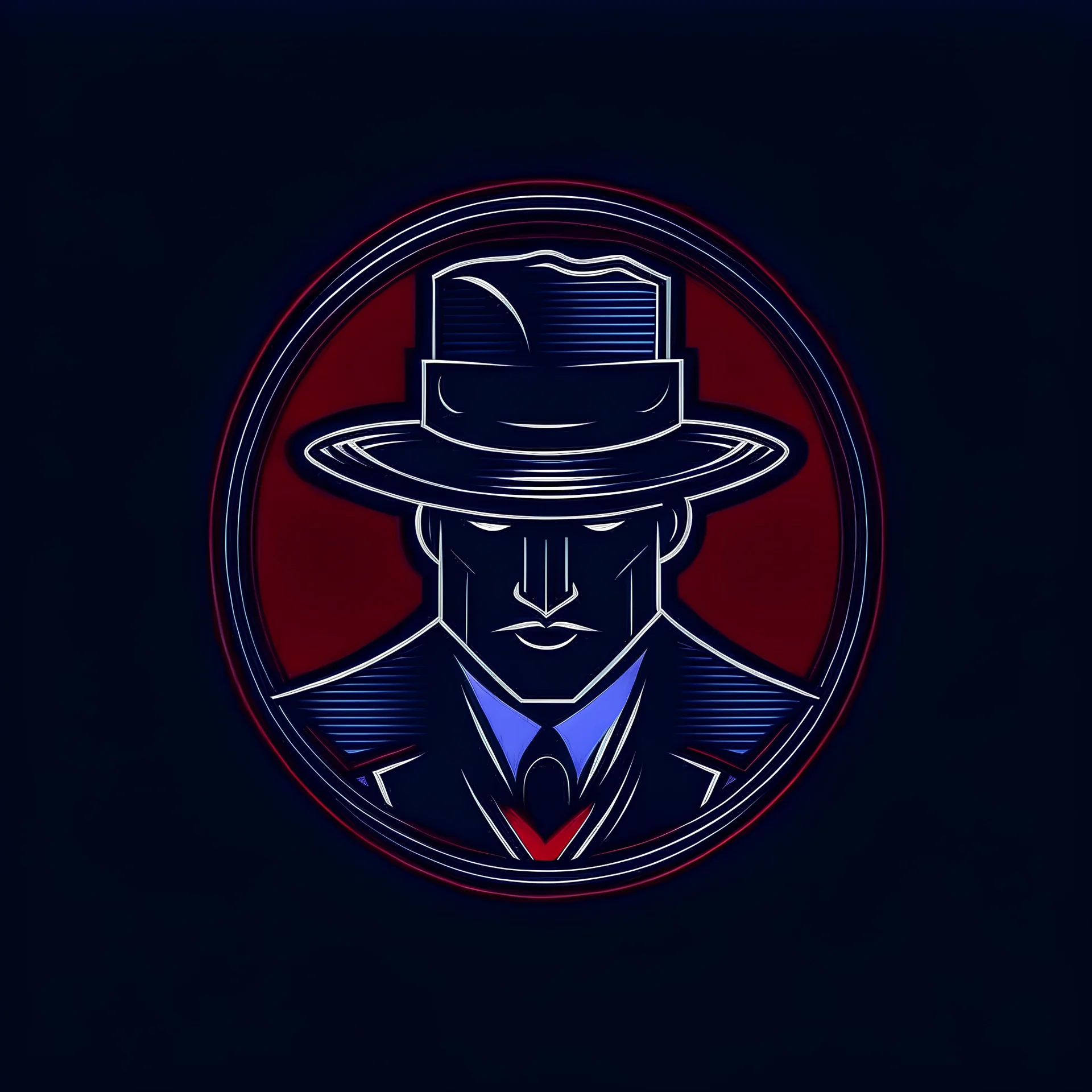 A stylish gaming logo for a detective simulation game, dark blue background, detailed, red lines