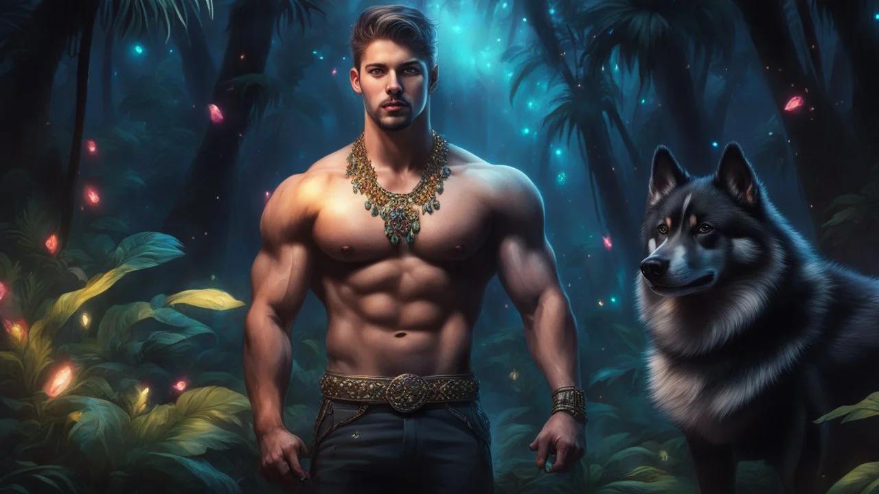 Hyper Realistic handsome muscular young king standing with his black husky in a dark mystical jungle at night with fireflies & colorful crystals